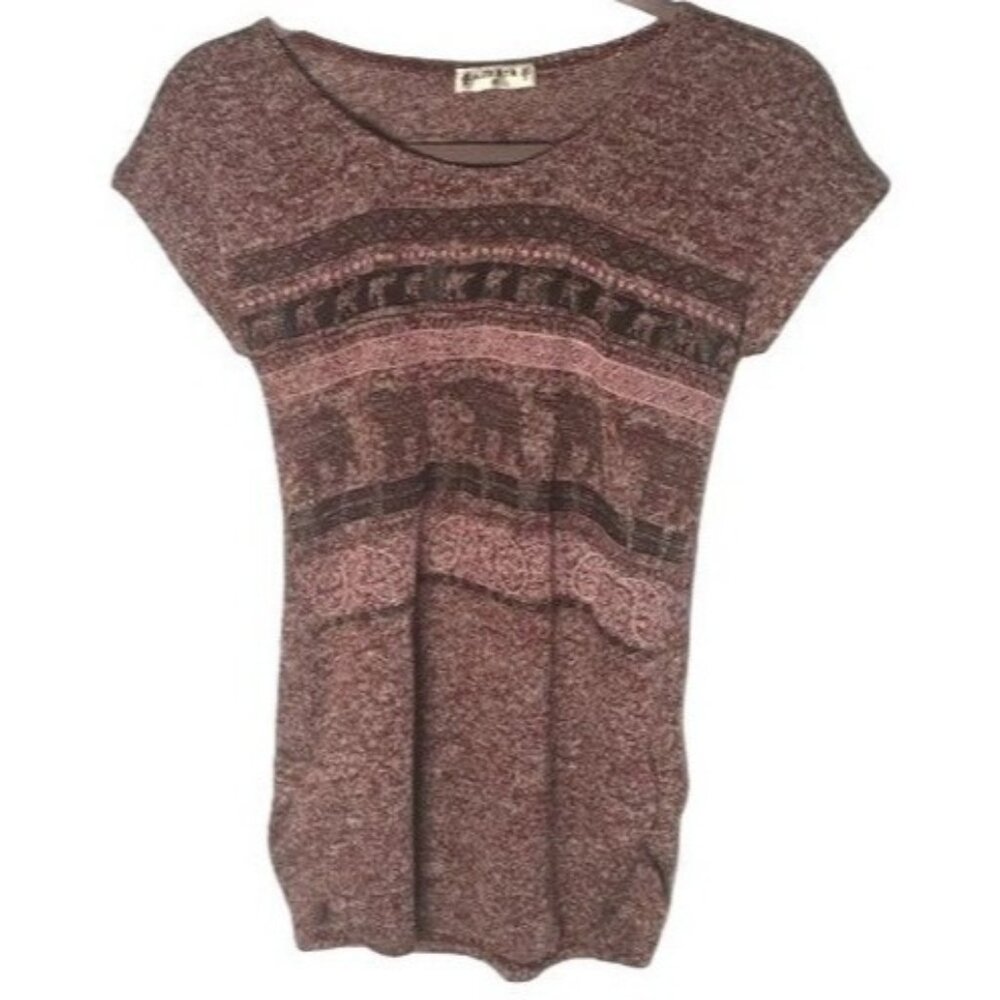 Agenda knitted elephant burgundy shirt short sleeve sheer strip size medium READ